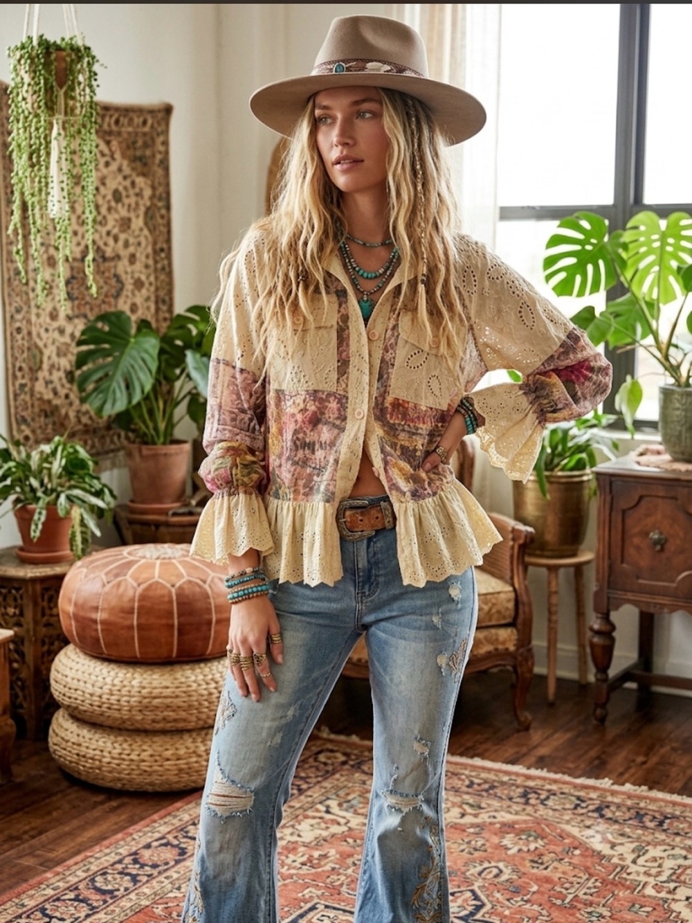 Boho Cream Crochet Peplum Blouse with Floral Panels
